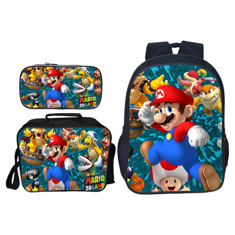 16″ Super Mario Backpack School Bag+Lunch Bag+Pencil Bag - Baganime