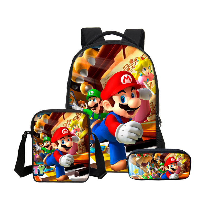 16″Super Mario Backpack School Bag+Messenger Bag+Pencil Bag – Baganime