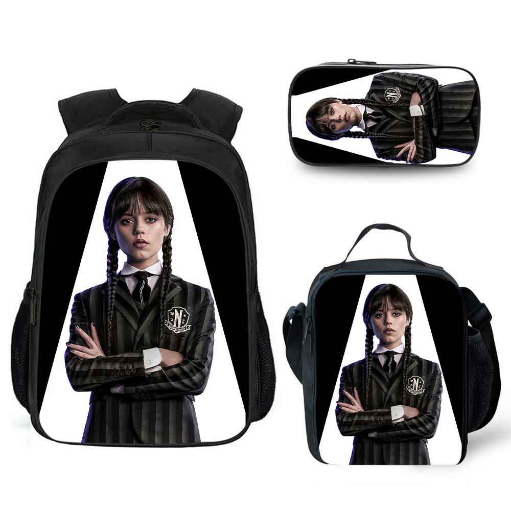 16 Inch Wednesday Addams Backpack School Bag+Lunch Bag+Pencil Bag ...