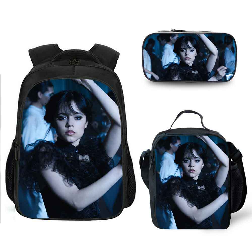 16 Inch Wednesday Addams Backpack School Bag+Lunch Bag+Pencil Bag ...