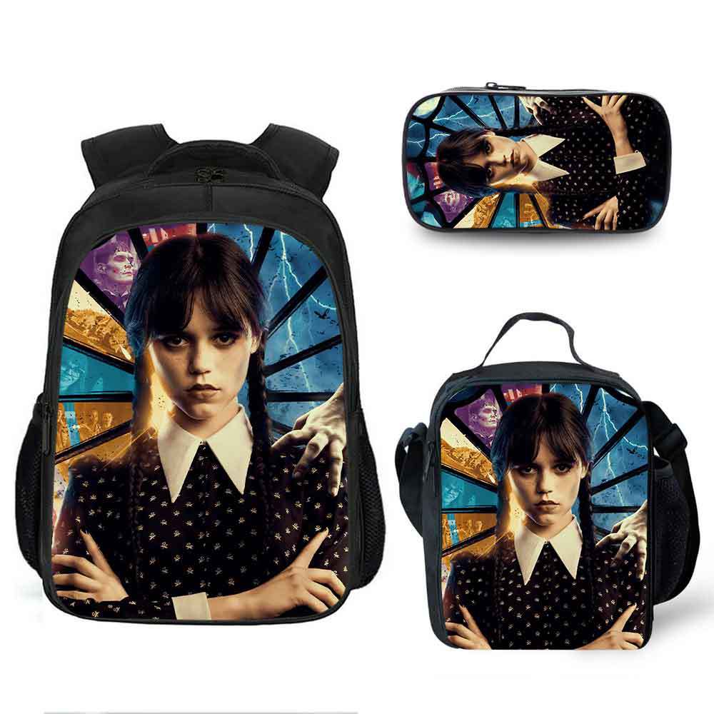 16 Inch Wednesday Addams Backpack School Bag+Lunch Bag+Pencil Bag ...